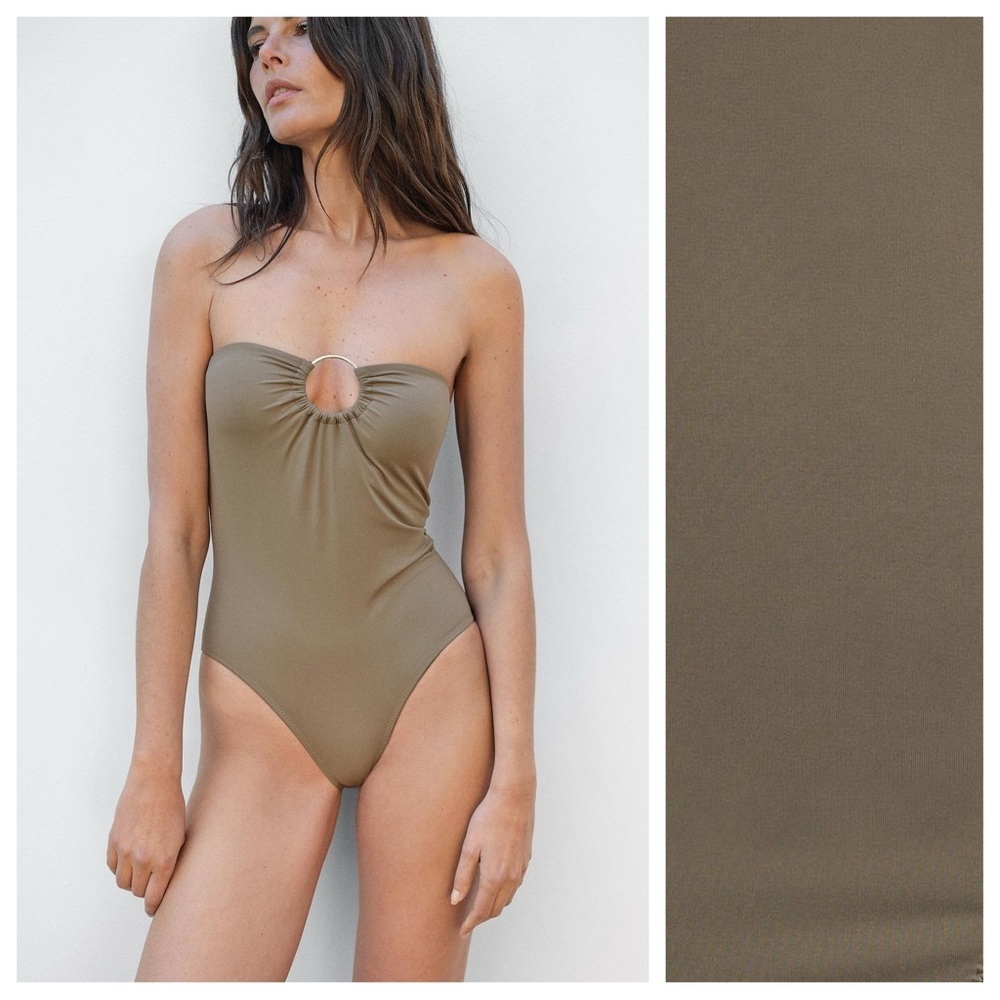 NWT. Massimo Dutti Pale Khaki Bandeau Swimsuit. Size S.